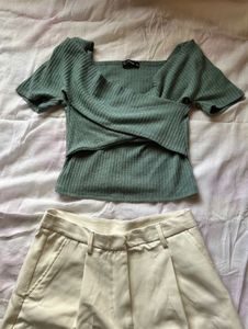Sage green ribbed knit wrap-style top