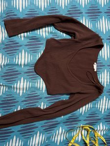 Brown Ribbed Long Sleeve Top