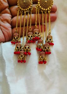 Golden Jhumka Earrings with Red Beads 💎