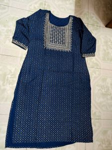 Navy Blue Embroidered Kurti Pant Dupatta Set