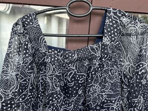 Square Neck Sheer Black &amp; White Print Top