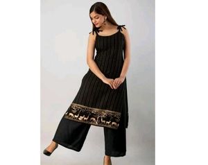 Black Striped Kurti Set with Animal Print