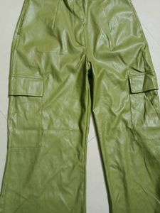 Green Faux Leather Cargo Pants