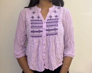 Lilac Embroidered Button-Down Top