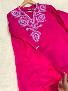 Chikankari Embellished Pink Embroidered Tunic Top