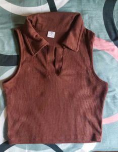 Brown Ribbed Polo Tank Top