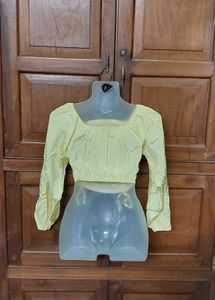 Yellow Ruched Long Sleeve Crop Top