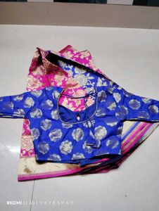 Pink &amp; Blue Floral Saree And  Blouse