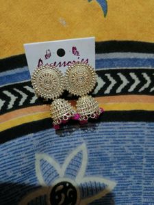 Silver Jhumka Earrings with Pink Beads