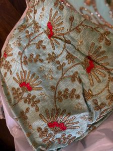 Seagreen Embroidered Silk Fabric