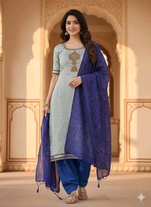 L-xl size grand work Elegant Grey & Blue Kurta Set