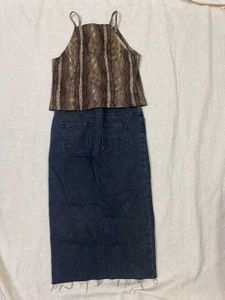 Denim Skirt &amp; Snake Print Top Set