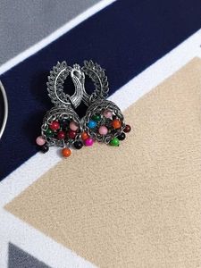 Silver Peacock Jhumka Earrings