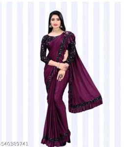 Ready to Wear Lycra Blend Navy Blue Ruffle Saree