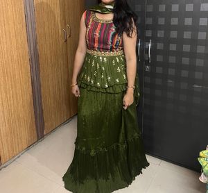 Ethnic Skirt With Peplum Top And Net Duppata