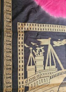 Pink &amp; Black Ship Print Saree