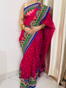 Magenta Saree with Intricate Gold &amp; Blue Embroider