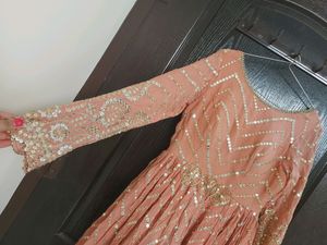 Pastel Peach Sequinn Embroidery Evening Gown