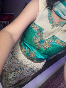 Teal &amp; Gold Embroidered Lehenga