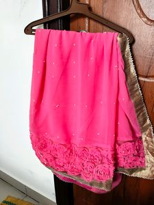 Pink Georgette Gold Border Saree With Blouse