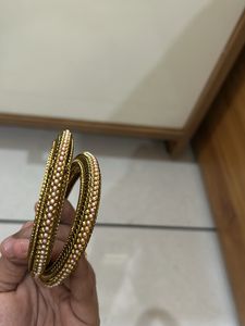 Golden Bangles With Pink Colour Pearls