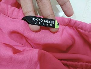 Pink One Shoulder Ruffles Crepe Crop Top