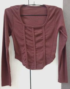 Brown Corset Detail Long Sleeve Top