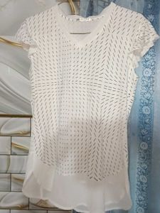 White Graphic Print Ruffle Sleeve Top