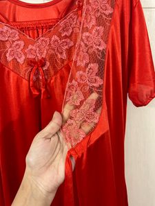 Designer Red Nighty With Overcoat