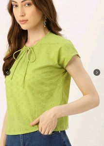Green Eyelet Tie-Neck Top
