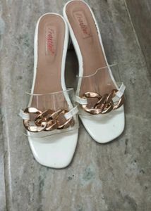 Stylish White & Gold Chain Slides heels