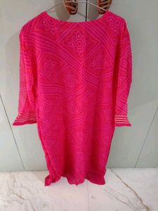 Pink Bandhani Kurti | Gold Embroidery | Festive We