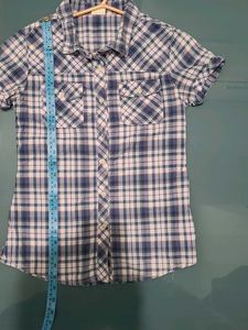 Blue Plaid Short Sleeve Shirt For Women