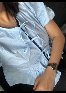 Cute Blue Bow-Tie Blouse