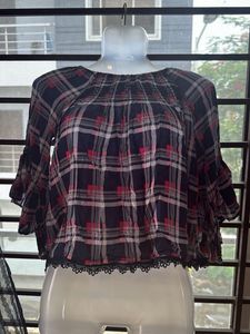 Plaid Flared Sleeve Top