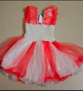 Peach With White Colour Ball Frock