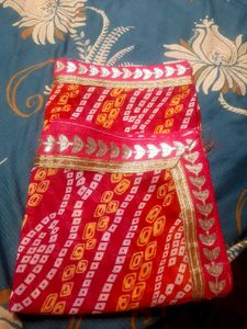 Red Bandhani Sari with Silver Border