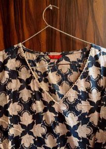 Indigo Blue Kurti with Cream Floral Block Print
