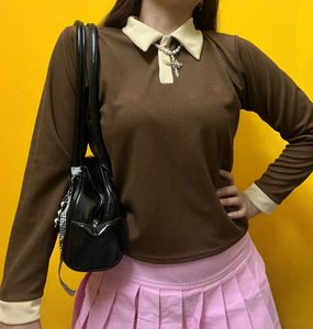 Brown Ribbed Polo Long Sleeve Top
