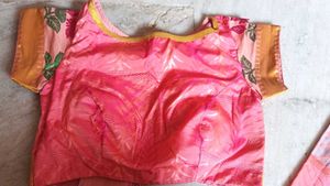 Pink Floral Saree with Gold Border