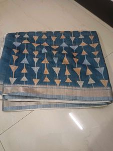 Blue Linen Saree with Geometric Print