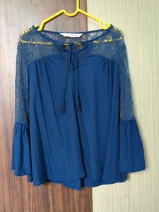 Lace Sleeve Navy Blouse