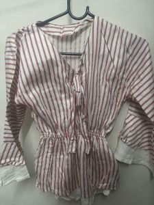 Red & White Striped Peplum Tie-Front Blouse