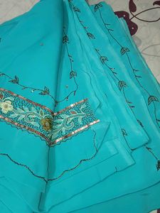 Cyan Blue Teal Embroidered Soft Fabric Saree