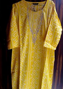 Vibrant Yellow Bandhani Kurta with Elegant Embroid