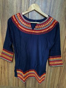Embroidered Cuff Navy Blouse
