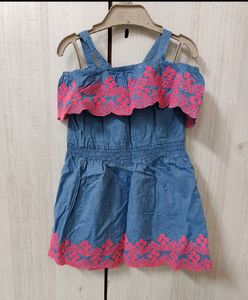Cute Denim Dress with Pink Embroidery