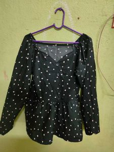 Black Sweetheart Neck Top With White Hearts Print