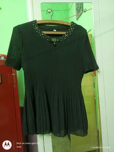 plaid black top with beads & stones design neck