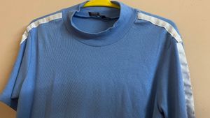 Women Blue Ribbed High Neck Tshirt (XL)